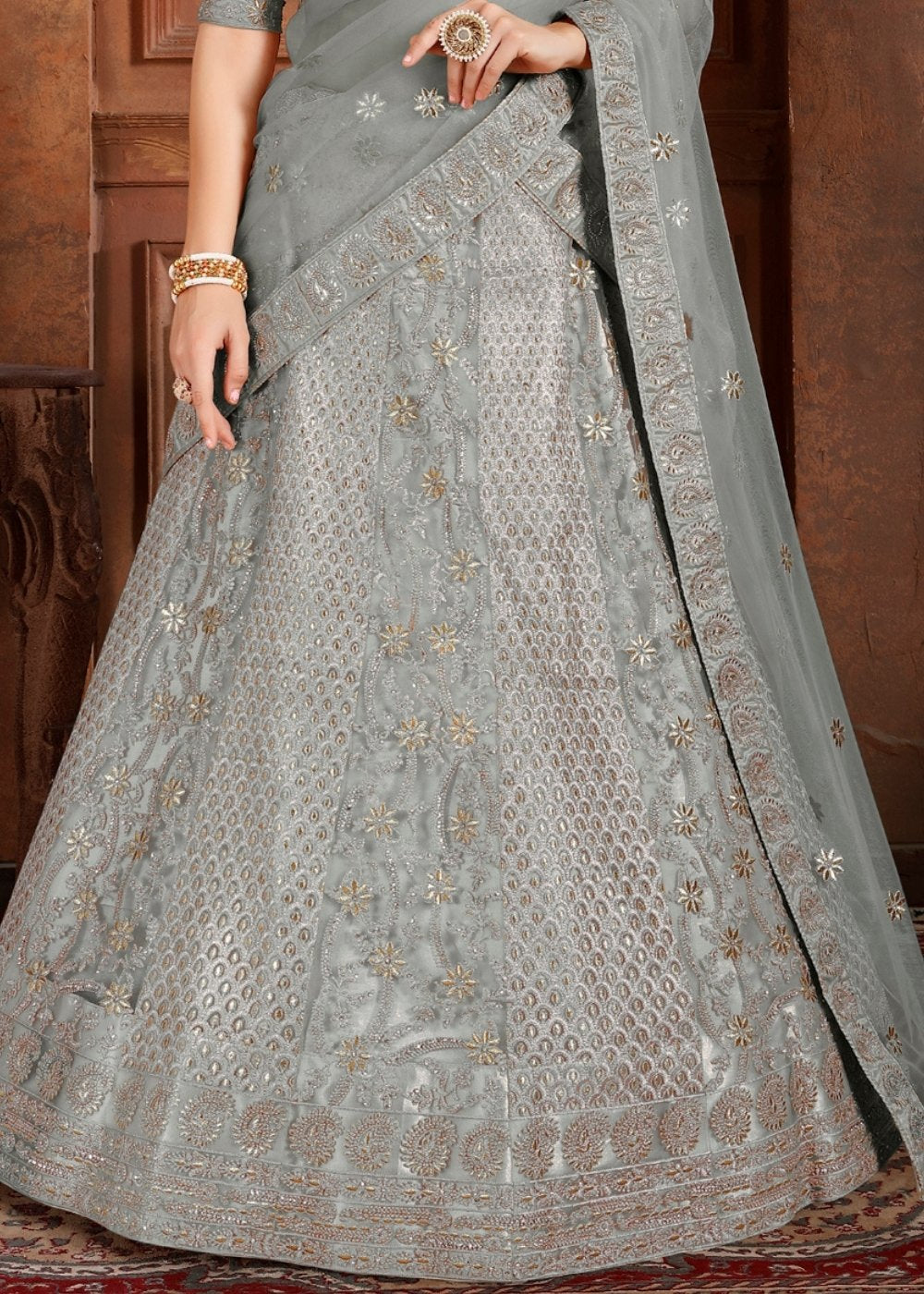 Trout Grey Soft Net Lehenga Choli with Thread,Zari, Zarkan & Pearl work | Ready To Wear - qivii