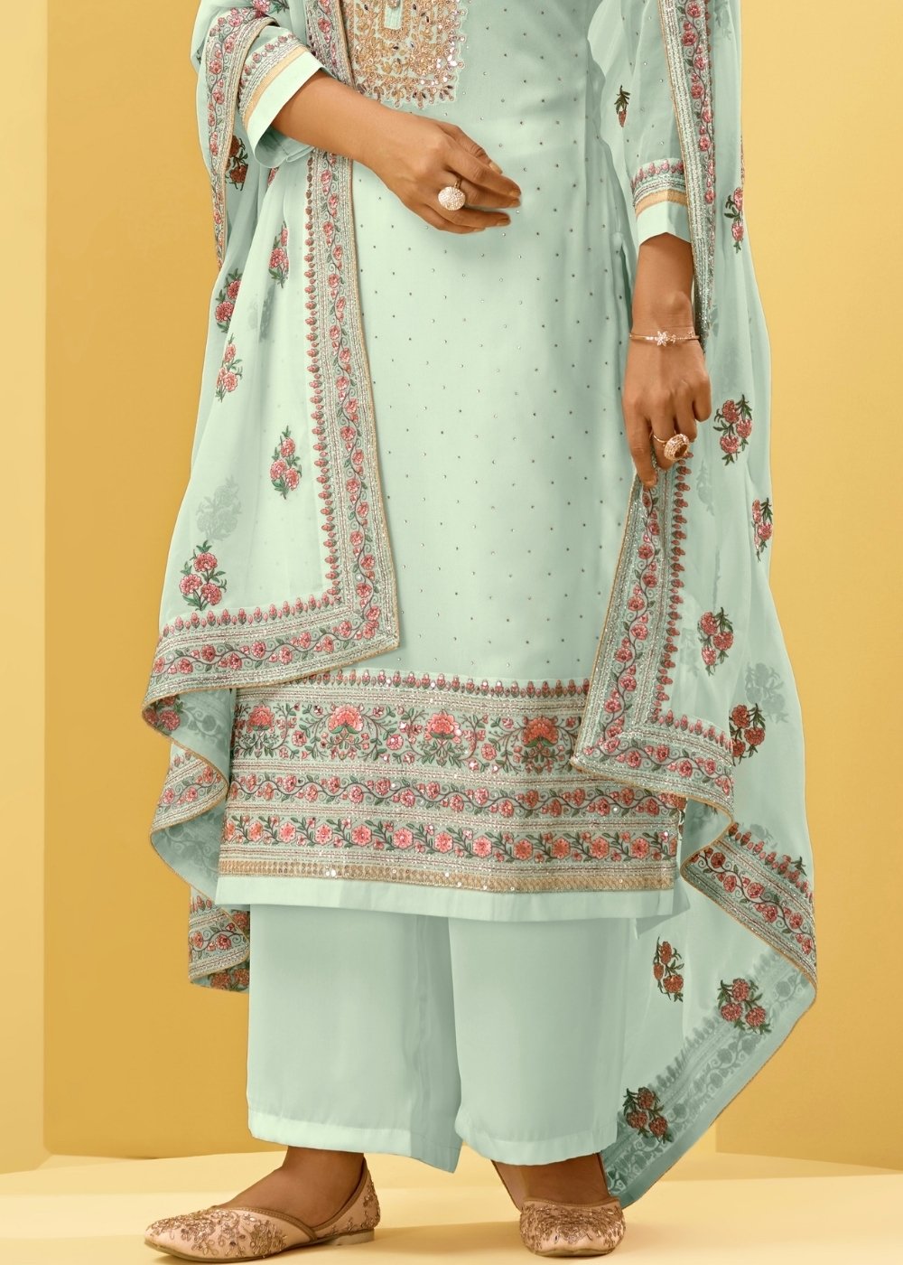 Misty Teal Green Georgette Salwar Suit with Thread, Zari & Cording Embroidery work - qivii