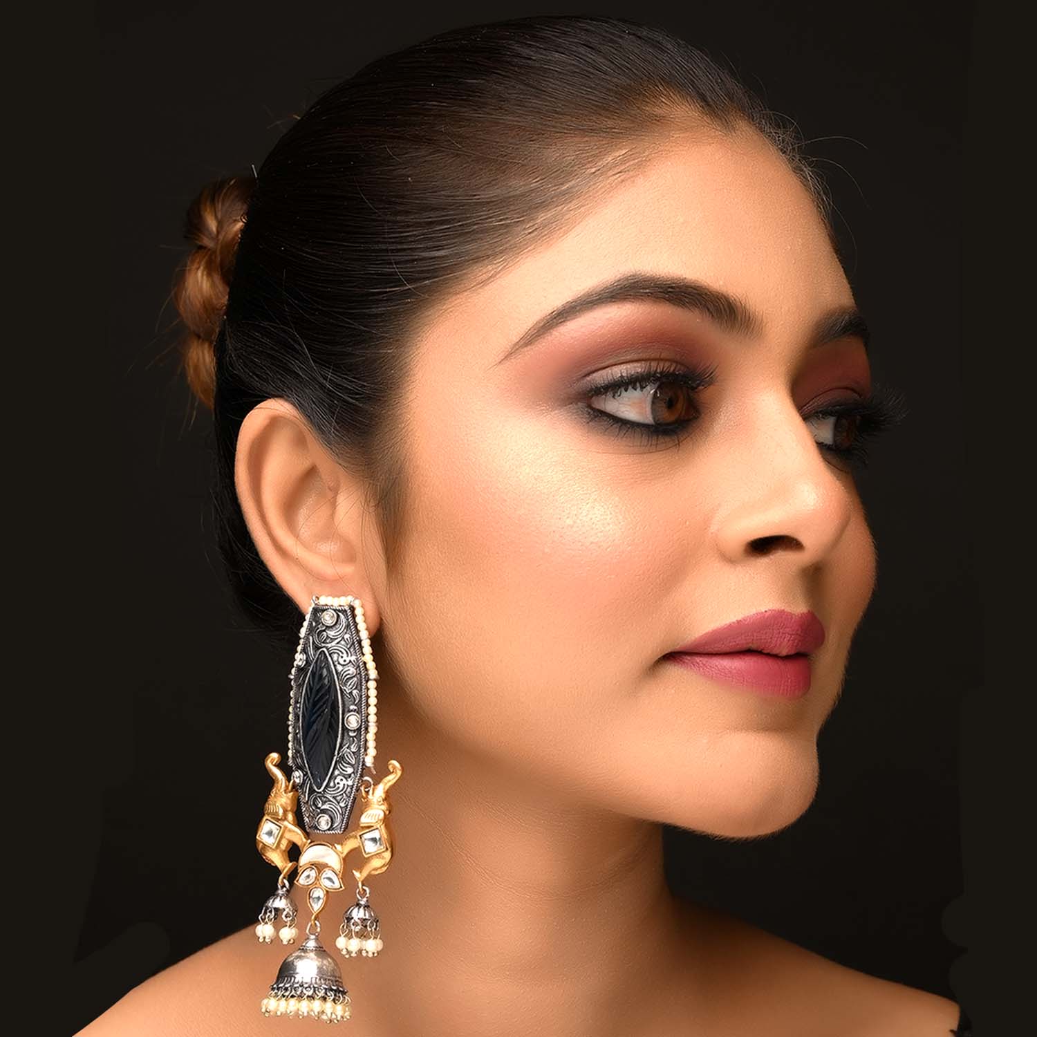 Silver oxidized carving fusion earrings with small pearl beads and elephant figure