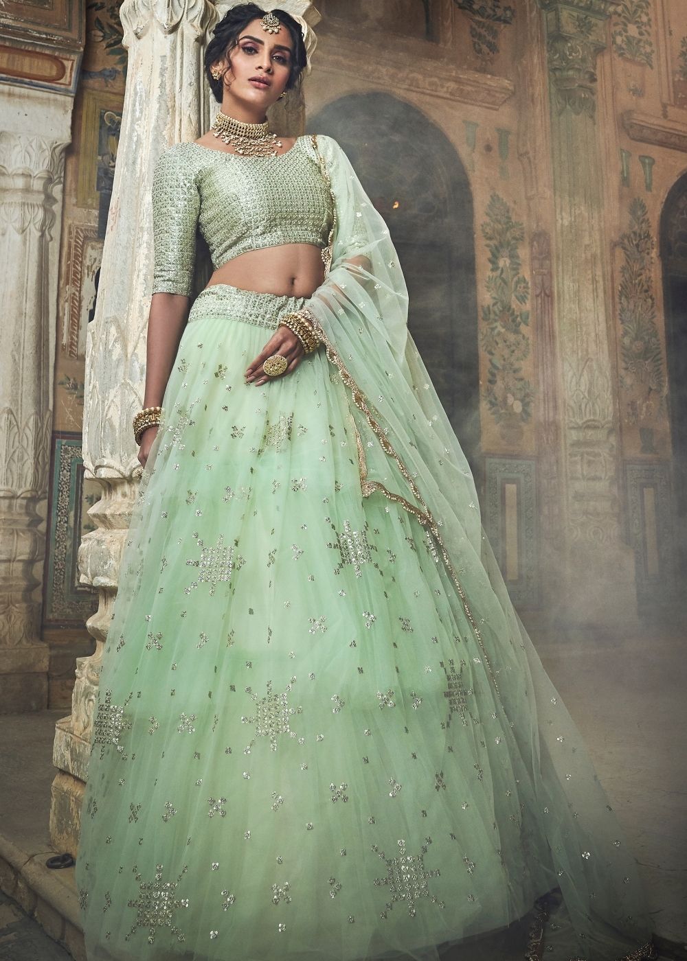 Sea Green Soft Net Lehenga with Sequins & Zari work | Ready To Wear - qivii