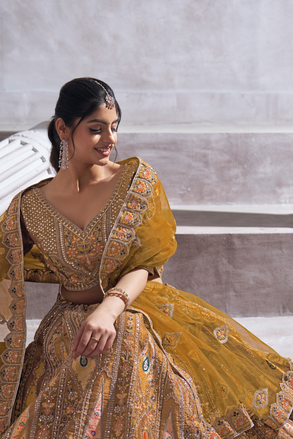 Earthy Mustard Bridal Lehenga with Patch & Aari Work - qivii