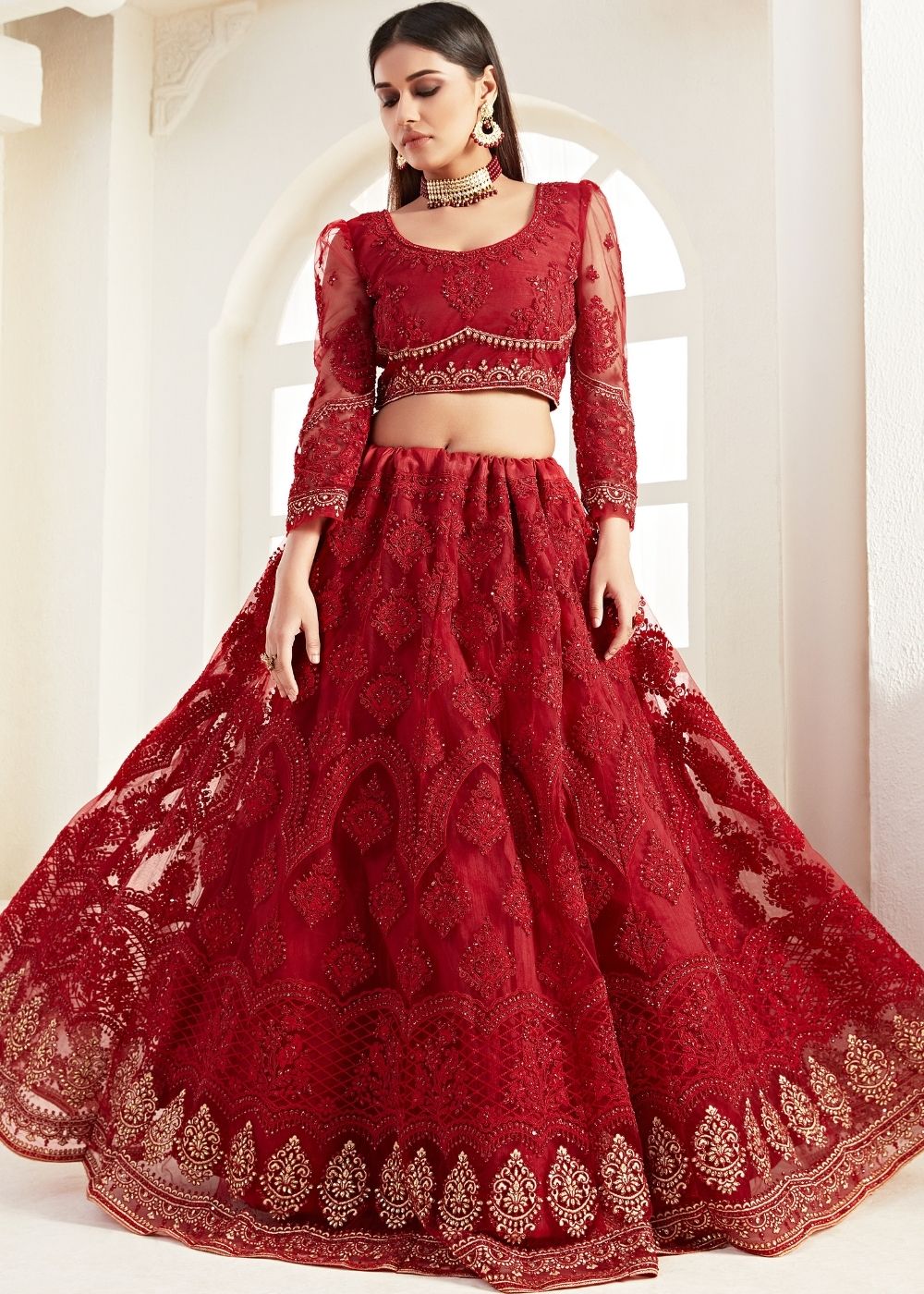 Apple Red Soft Net Lehenga Choli with Coding, Thread, Stonework & Zari Embroidery | Ready To Wear - qivii