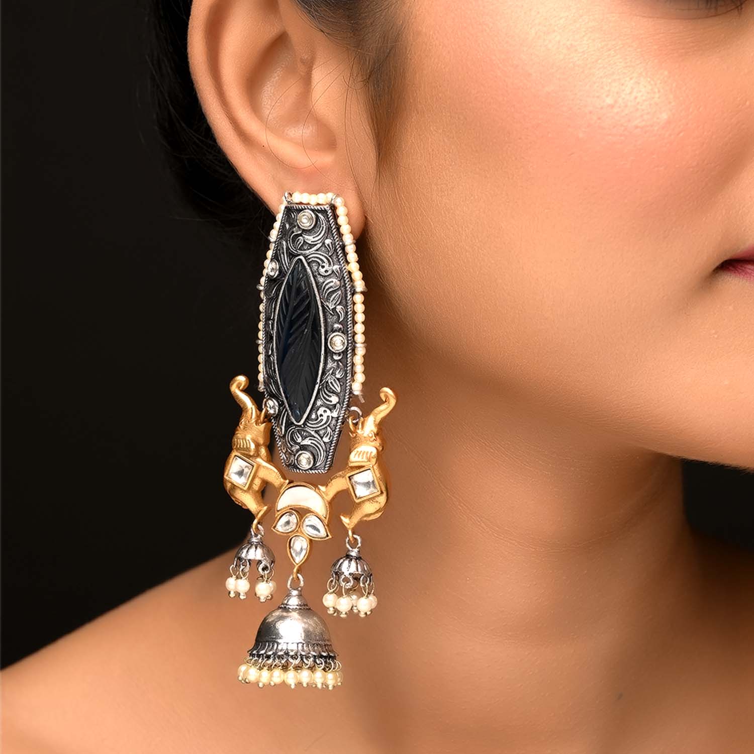 Navy blue two tone polish boutique earrings with kundan and pearls