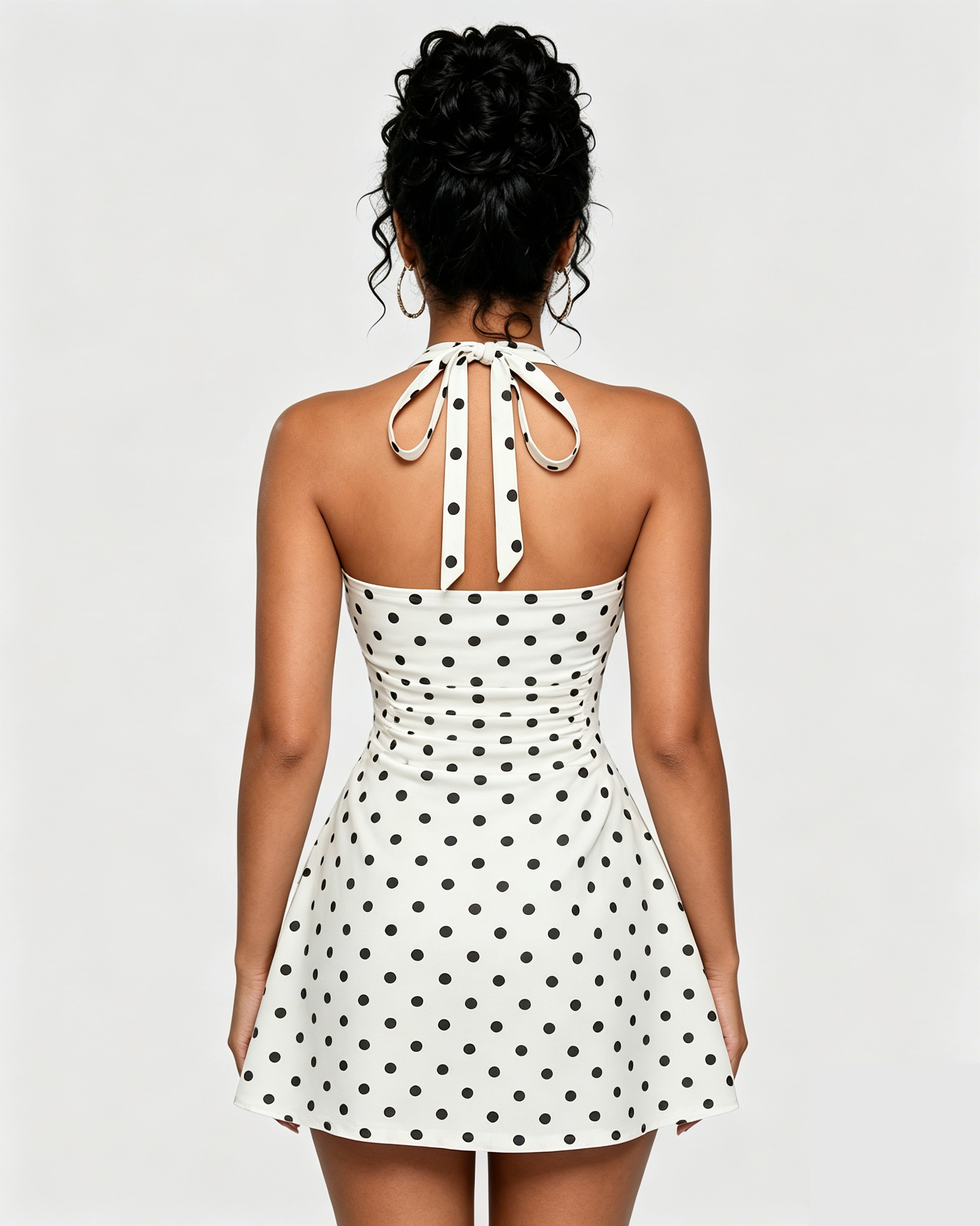 Polka Dot Halter Tie Back Ruched Flare Mini Dress - By Qivii