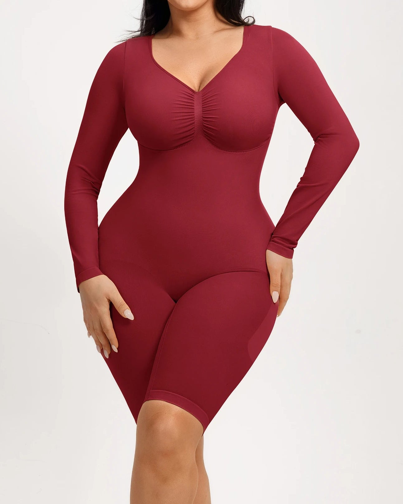 Seamless Mid-level Compression Tummy Control Long Sleeve Bodysuit - By Qivii