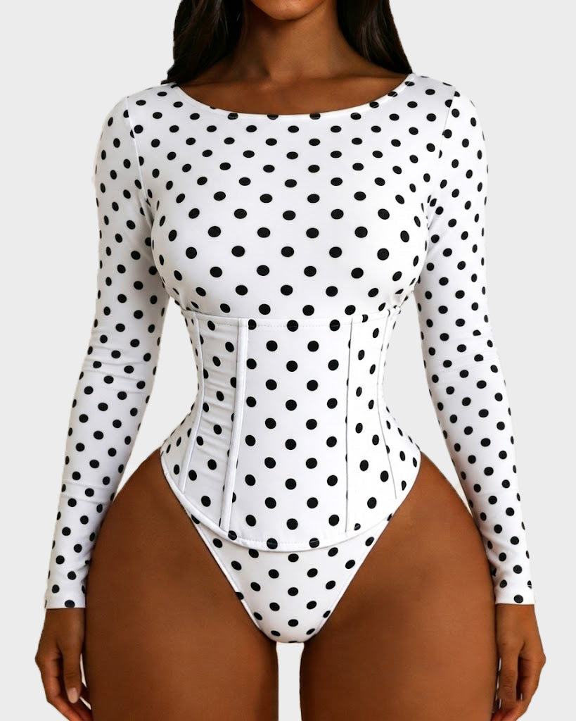 Polka Dot Scoop Neck Long Sleeve Bodysuit Detachable Corset Two Piece Set