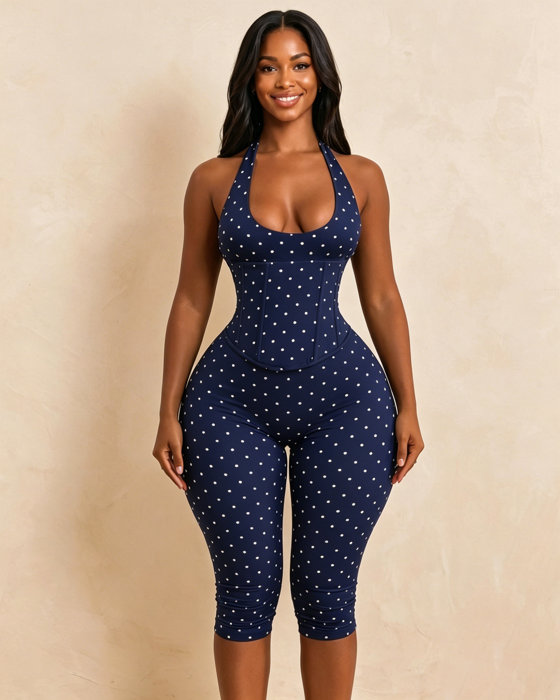 Hourglass Figure Body Shaper Waist Cincher Polka Dot Capri Jumpsuit Two-Piece Set - By Qivii