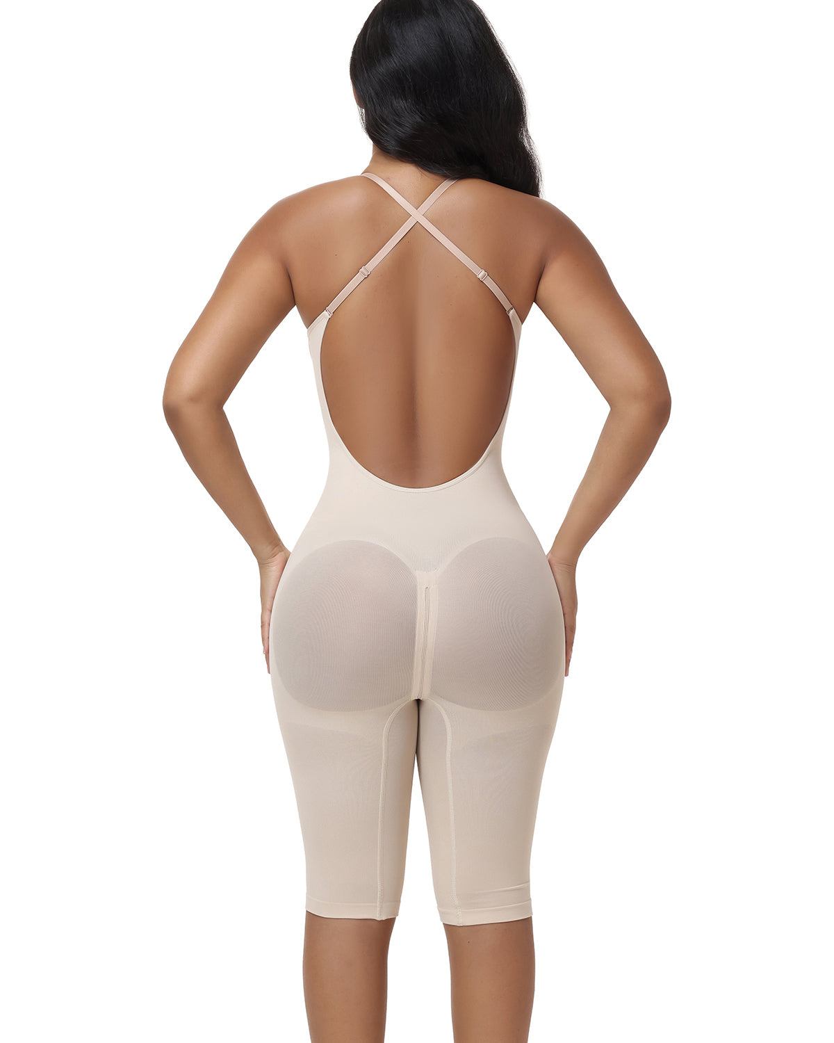 V Neck Front Zip Crisscross Back Knee Length Tummy Contro Bodysuit Butt Lifting Shaper