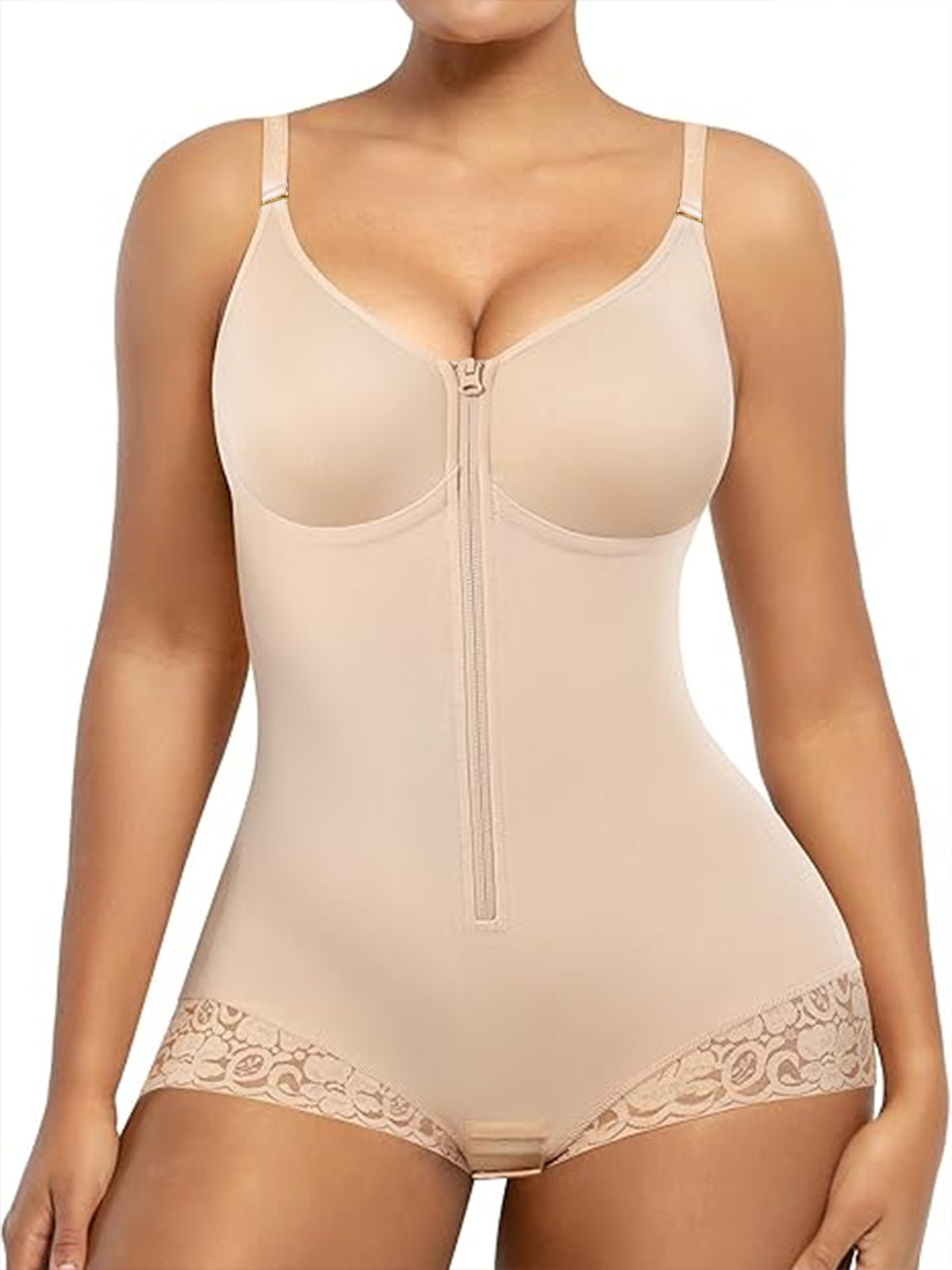 Lace-trimmed Tummy Control Zipper Shapewear Bodysuit