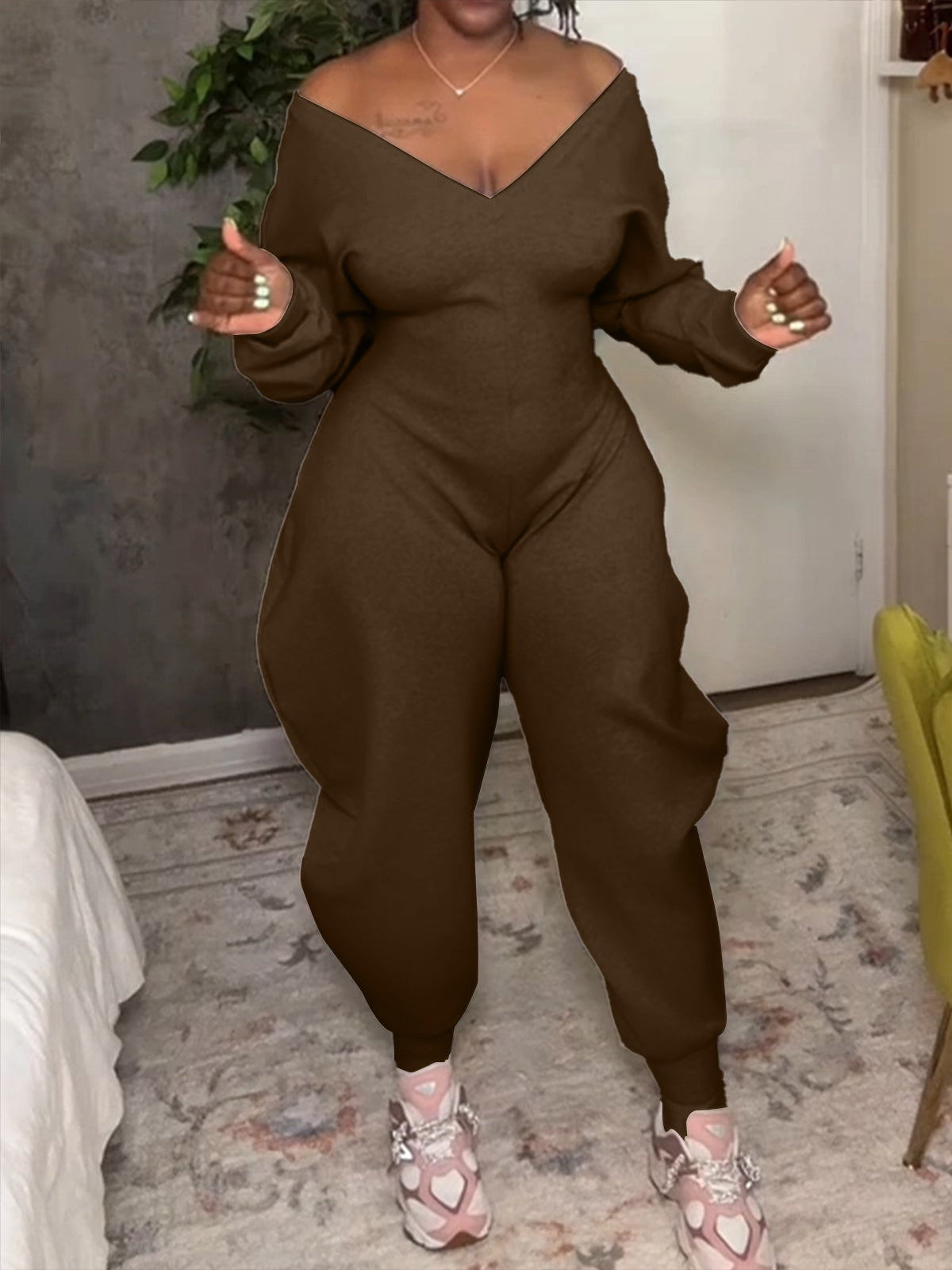 Cozy V Neck Baggy Long Sleeve Jumpsuit - By Qivii