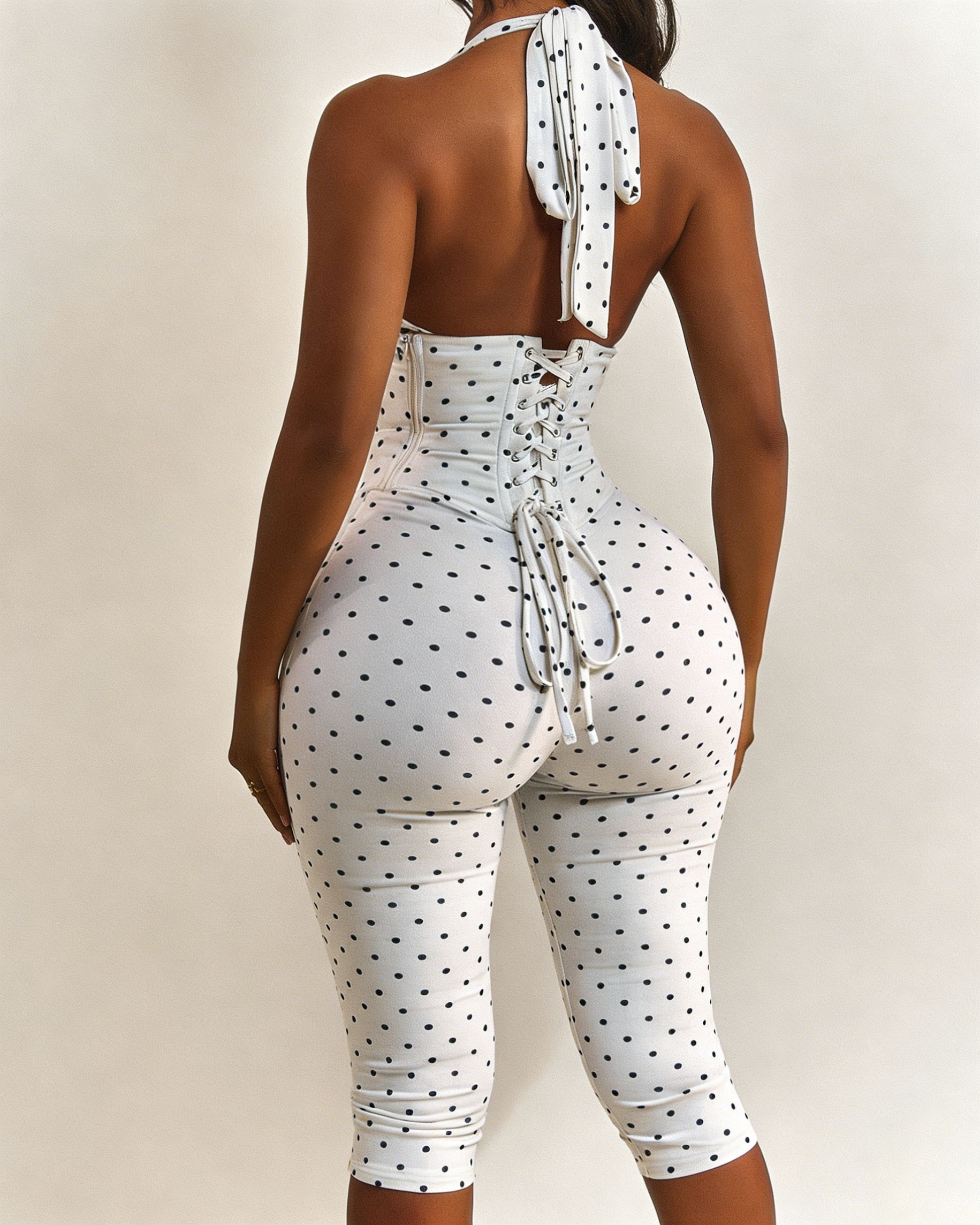 Polka Dot Halter Neck Hourglass Capri Jumpsuit with Detachable Corset Two-Piece Set - By Qivii