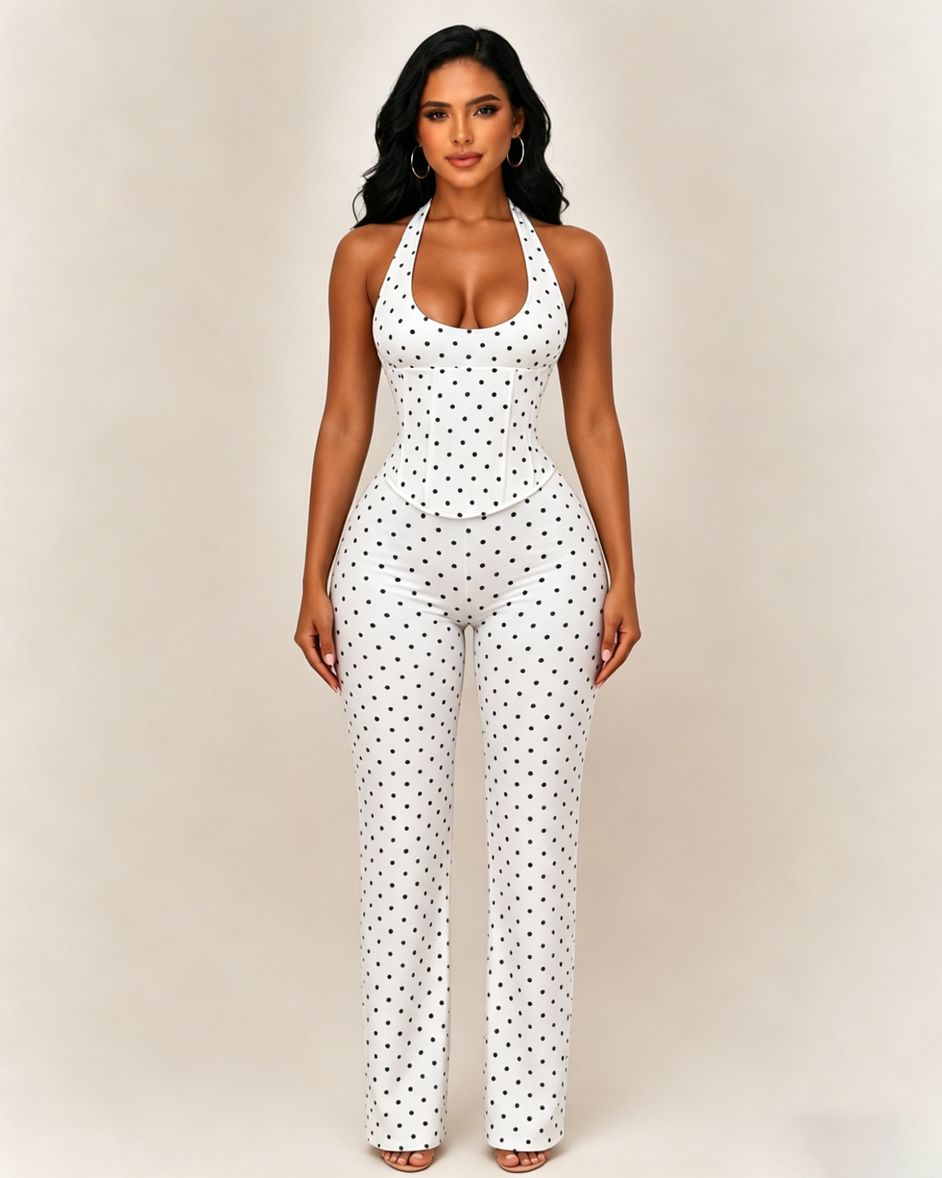 Polk Dot Halter-Neck Backless Detachable Corset Wide-leg Jumpsuit Two-Piece Set - By Qivii