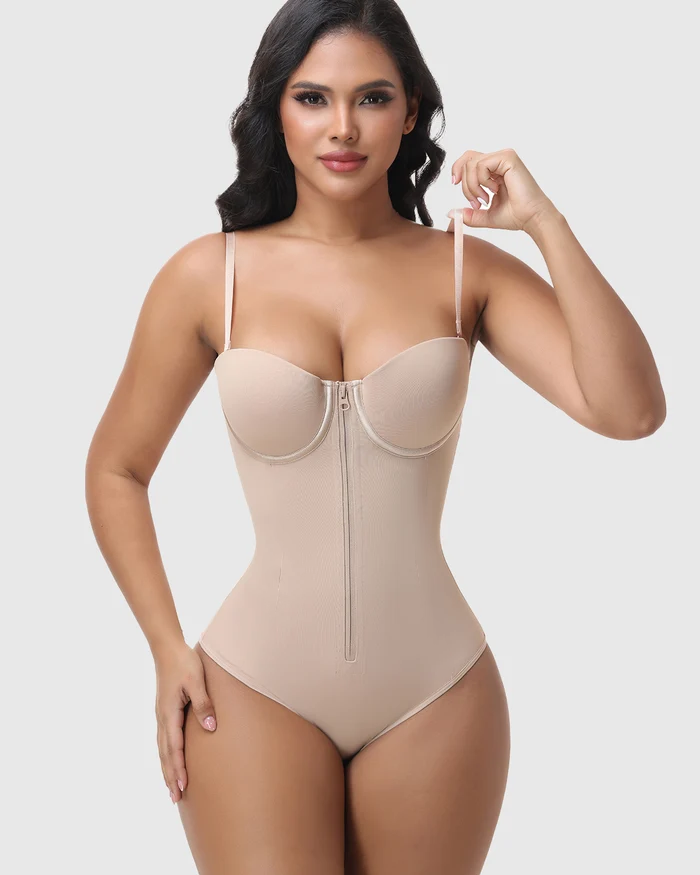 Front Zip Adjustable Strap Back Lace Up Bodysuit Tummy Control Shapewear
