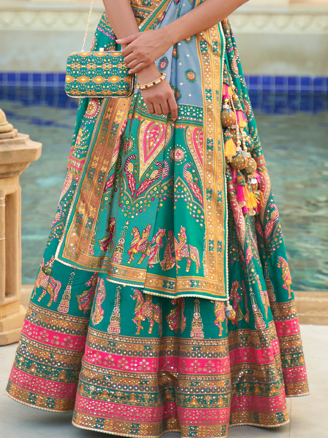 Turquoise Blue Designer Silk Ready to Wear Lehenga Choli With Sparkle & Mirror Work - qivii