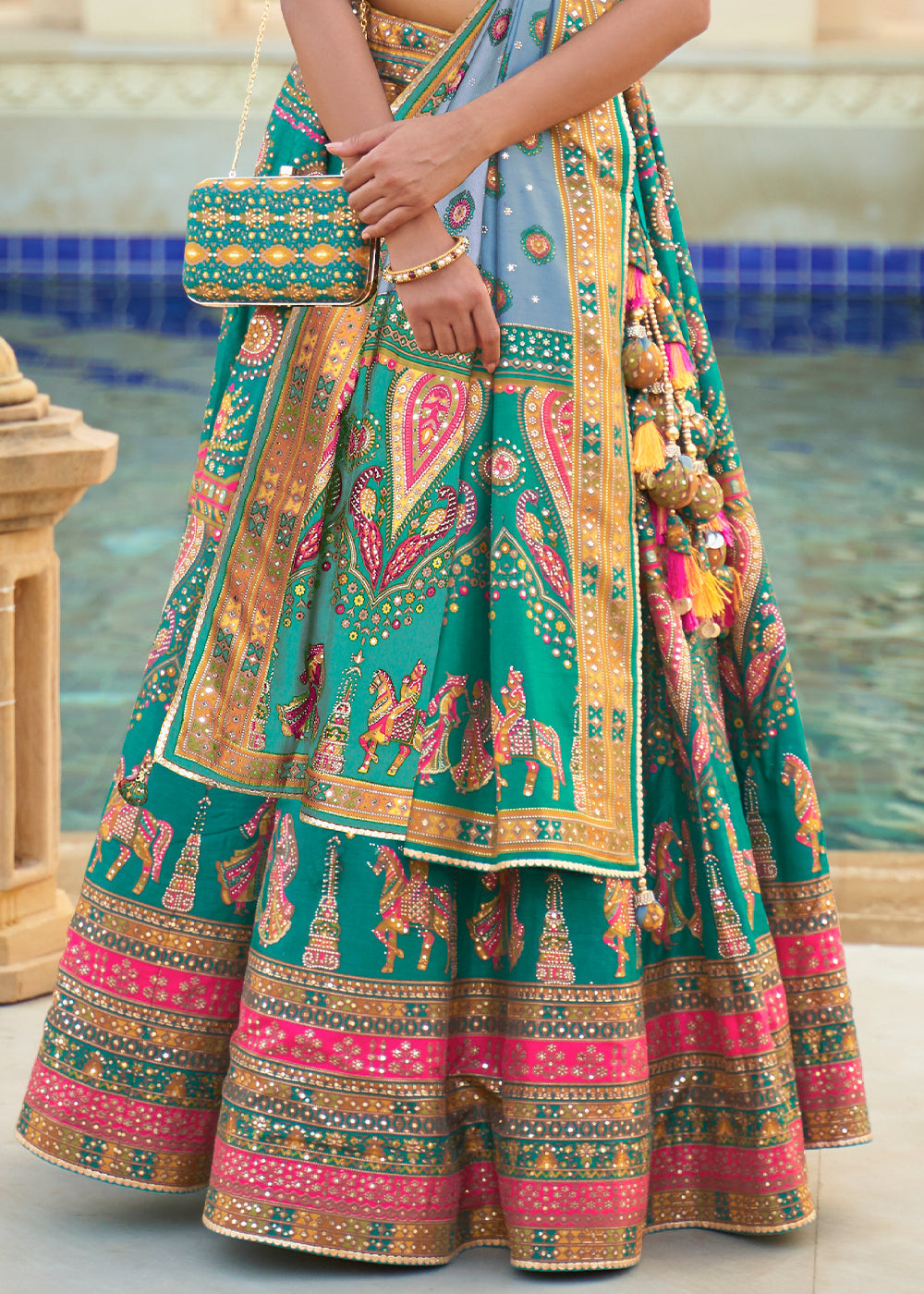 Turquoise Blue Ready to Wear Designer Silk Lehenga Choli with Sparkle & Mirror work | Ready To Wear - qivii