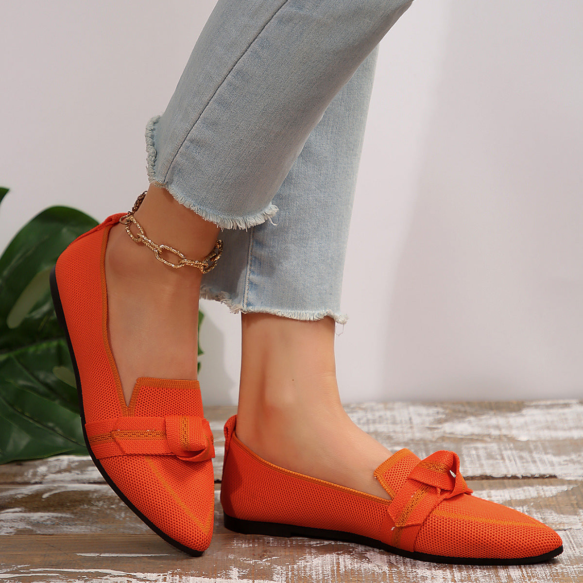 Women's Plus Size Knit Flat Loafers - Slip-On Bowknot Shallow Cut Lazy Work Shoes