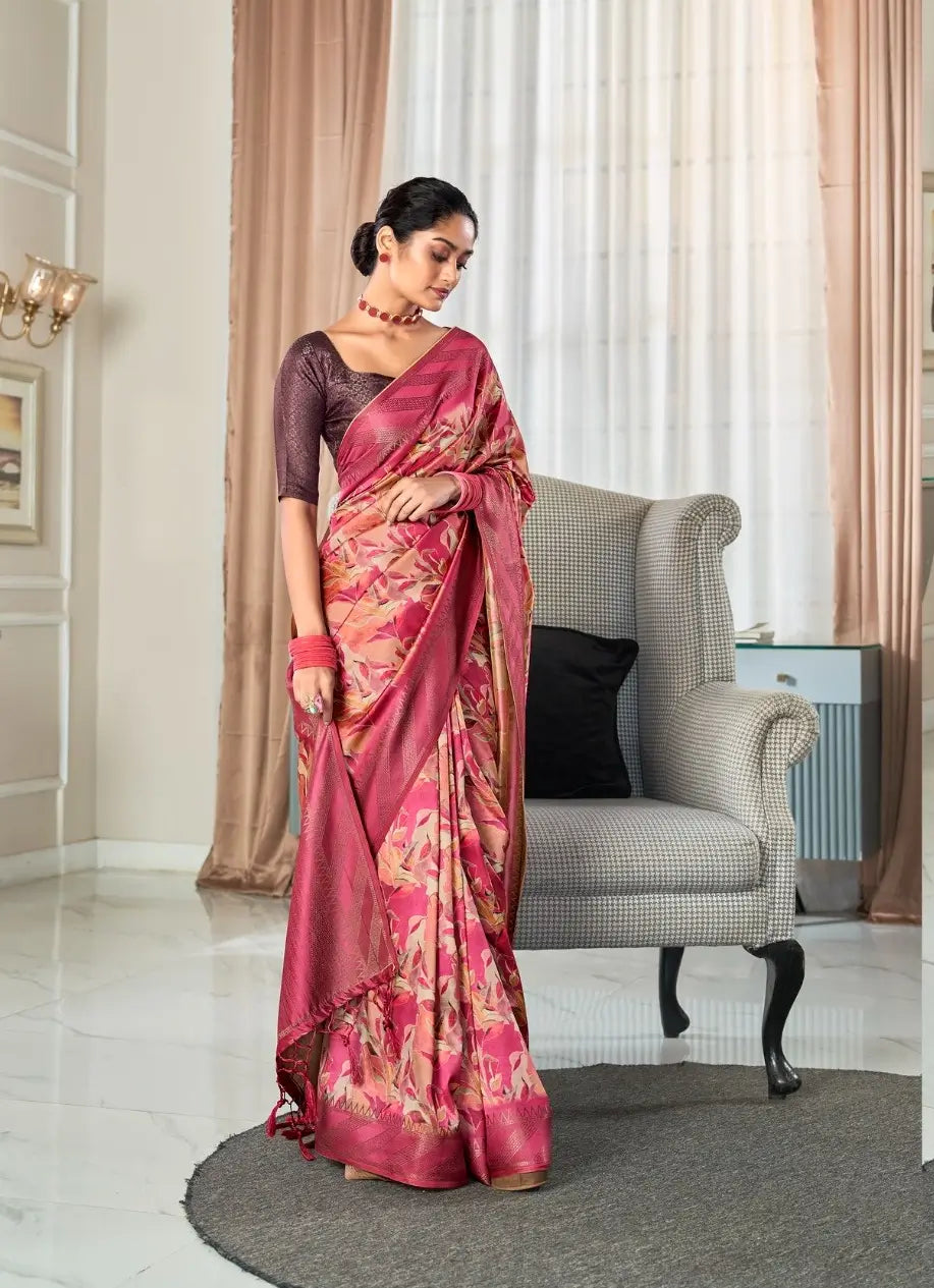 Rose pink Handloom Silk Saree With Digital Print With Big Zari Border - qivii