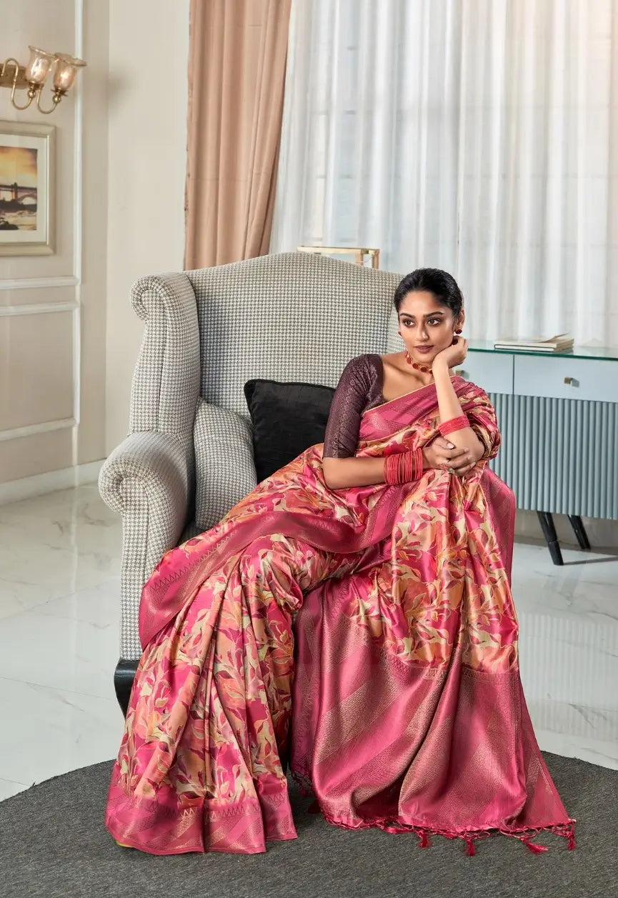 Rose pink Handloom Silk Saree With Digital Print With Big Zari Border - qivii