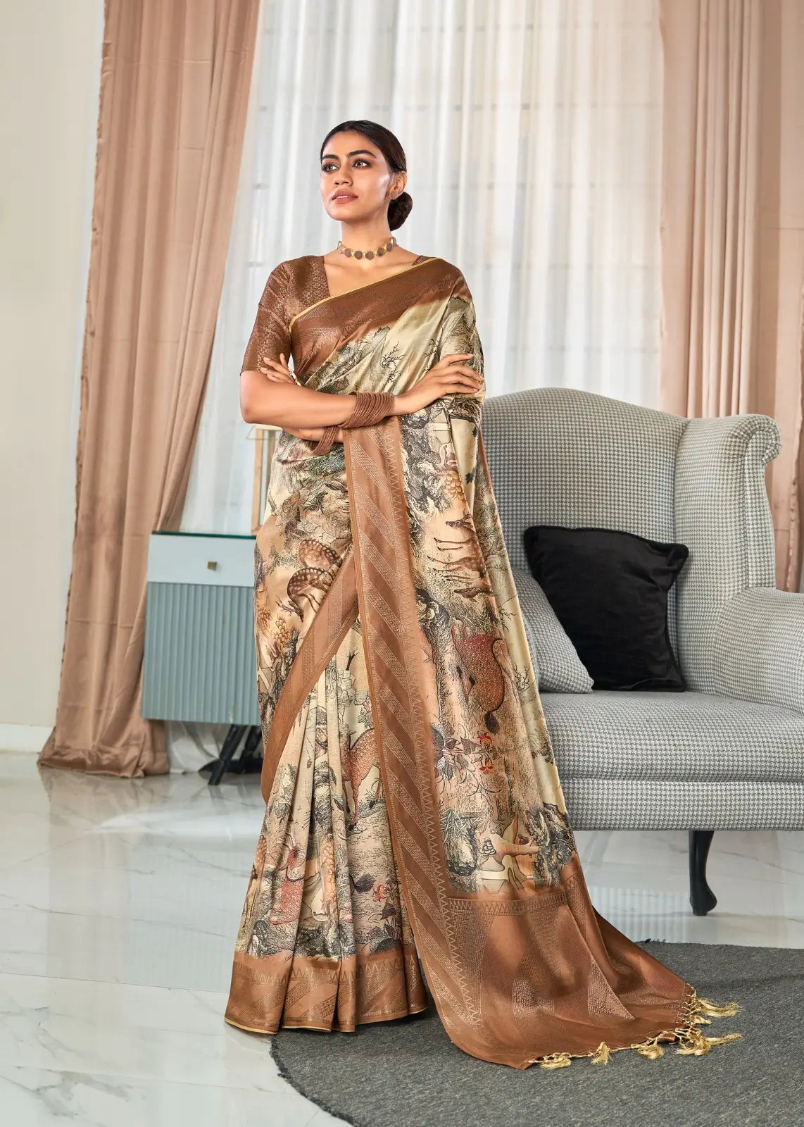 Vanilla Cream Handloom Silk Saree With Digital Print With Broad Zari Border - qivii