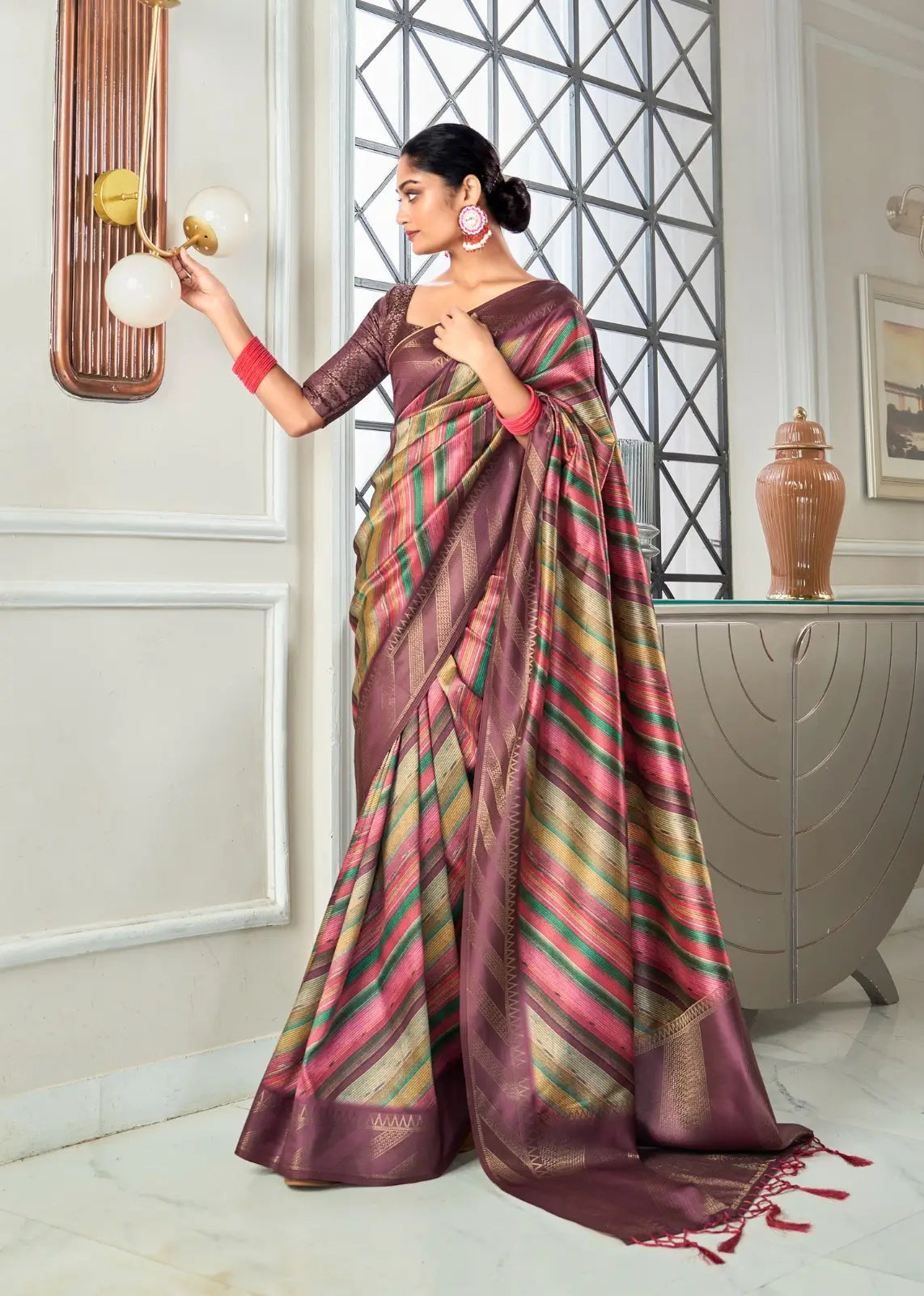 Brownish purple Handloom Silk saree With Striped Digital Print With Zari Big Border - qivii