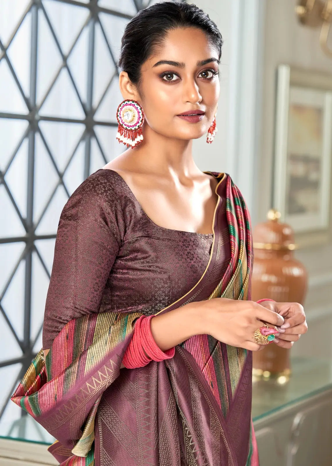 Brownish purple Handloom Silk saree With Striped Digital Print With Zari Big Border - qivii