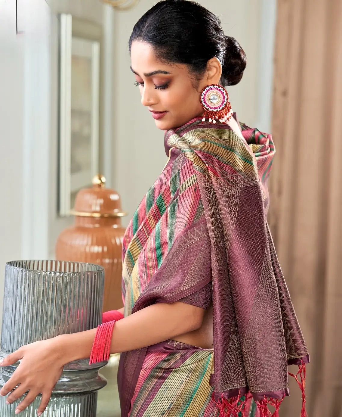 Brownish purple Handloom Silk saree With Striped Digital Print With Zari Big Border - qivii