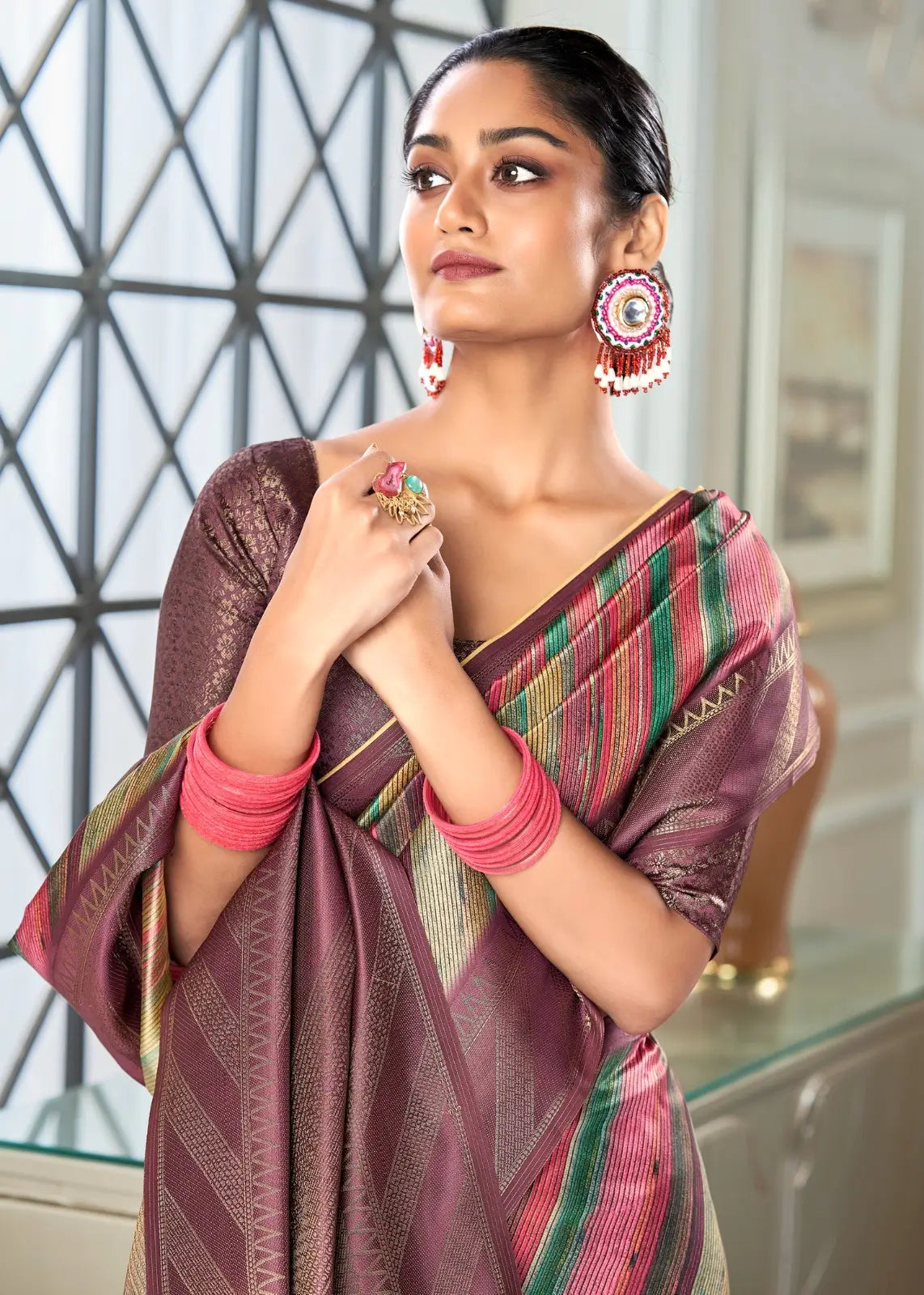 Brownish purple Handloom Silk saree With Striped Digital Print With Zari Big Border - qivii