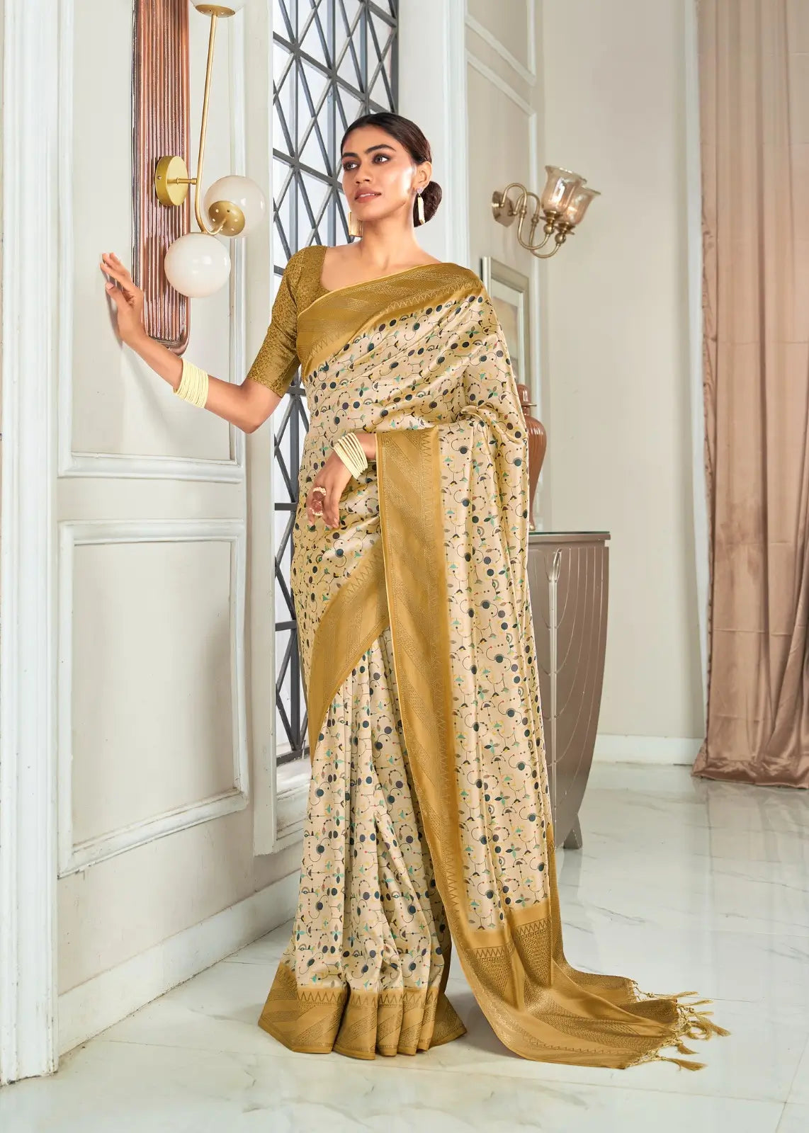 Cream Colored Handloom Silk Saree With Dot Digital Print With Zari Big Border - qivii