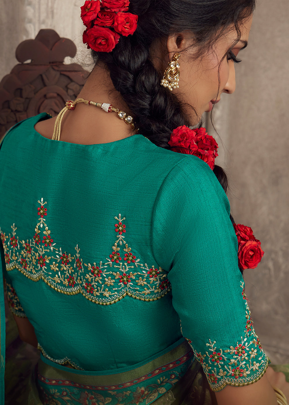 Fern Green Floral Printed Organza Silk Saree - qivii