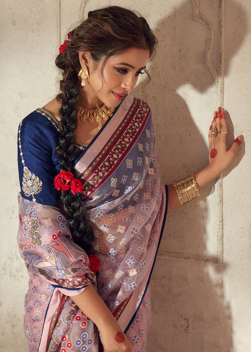 Light Pink Floral Printed Organza Silk Saree - qivii