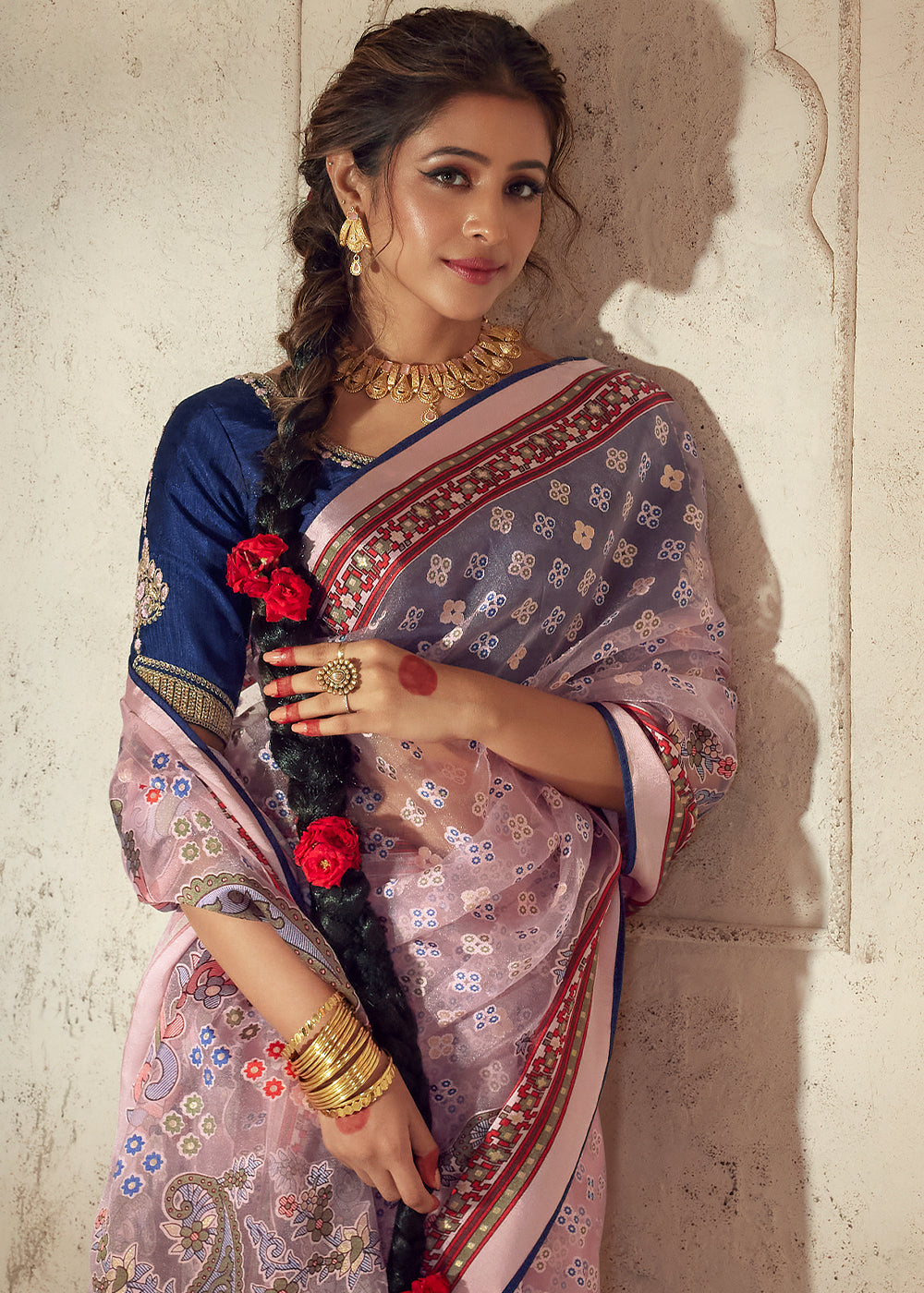 Light Pink Floral Printed Organza Silk Saree - qivii