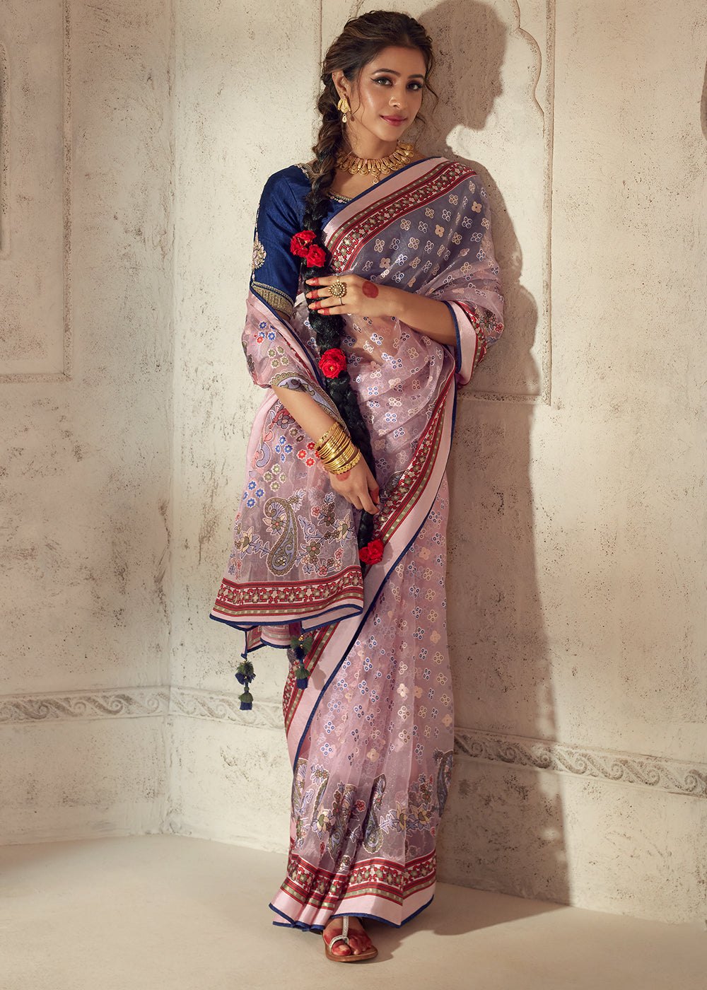 Light Pink Floral Printed Organza Silk Saree - qivii