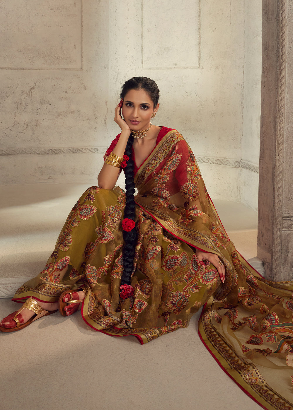 Caramel Brown Floral Printed Organza Silk Saree - qivii