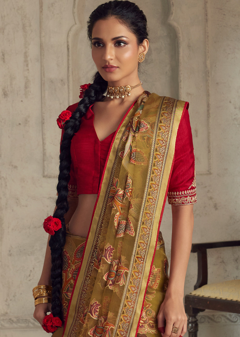 Caramel Brown Floral Printed Organza Silk Saree - qivii