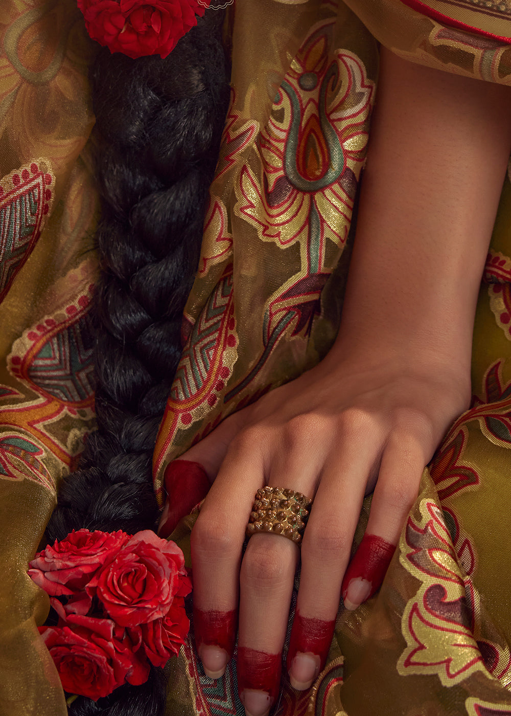 Caramel Brown Floral Printed Organza Silk Saree - qivii