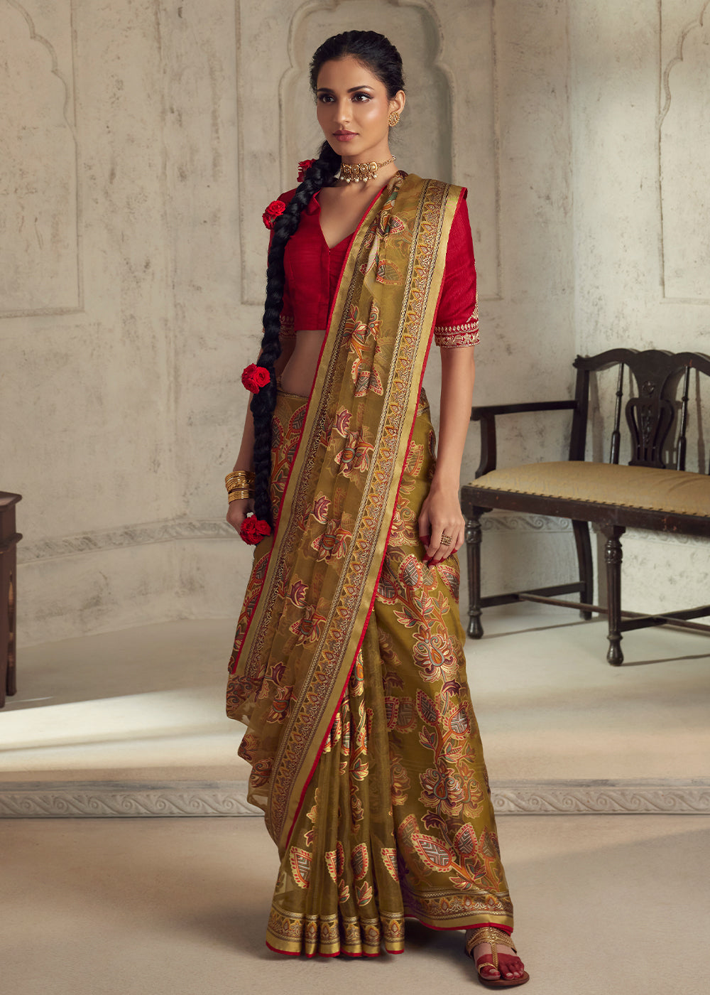 Caramel Brown Floral Printed Organza Silk Saree - qivii