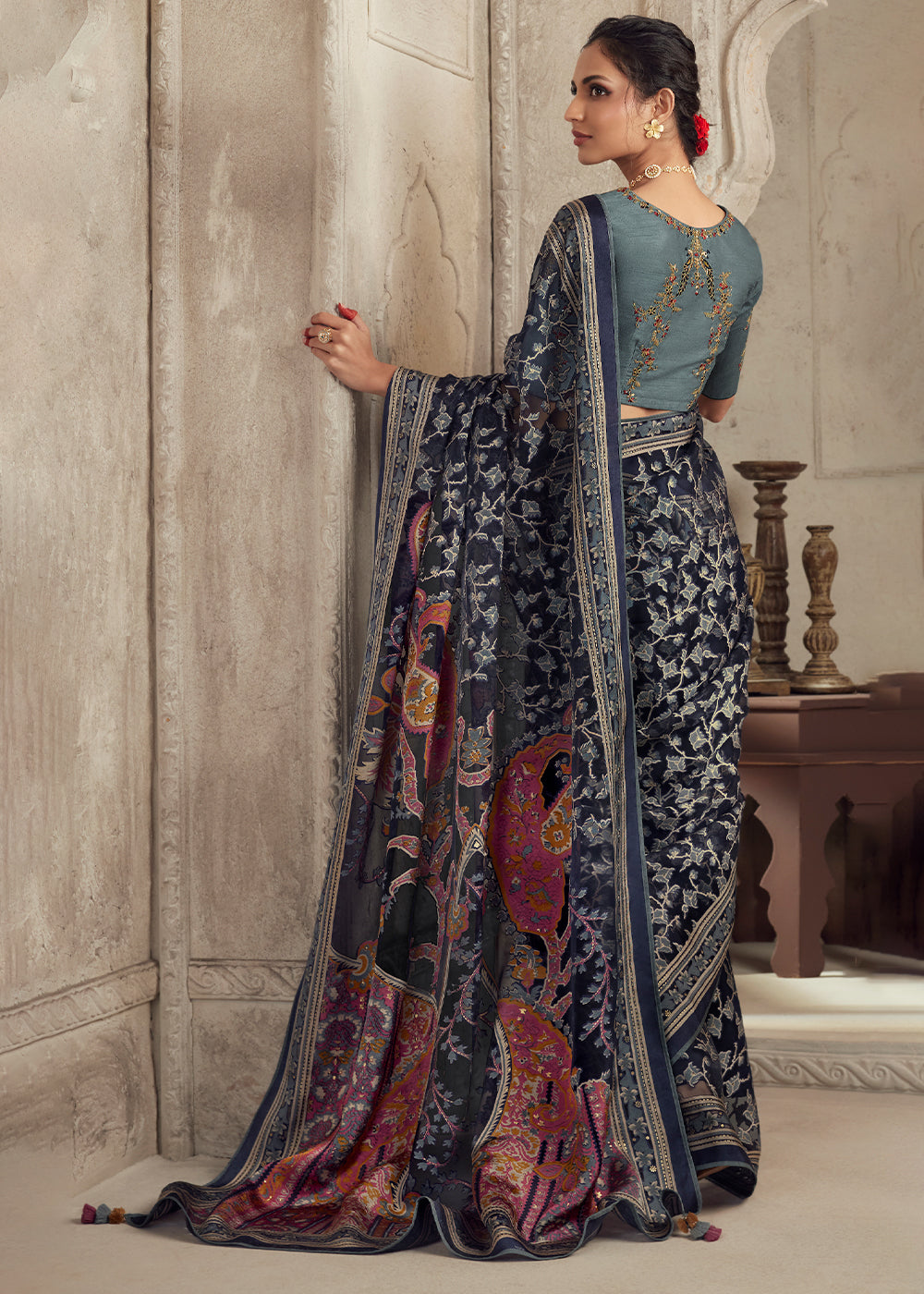 Dark Blue Floral Printed Organza Silk Saree - qivii