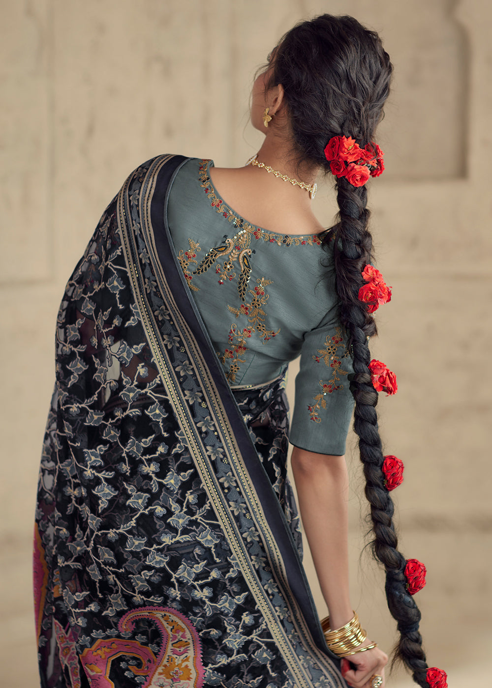 Dark Blue Floral Printed Organza Silk Saree - qivii