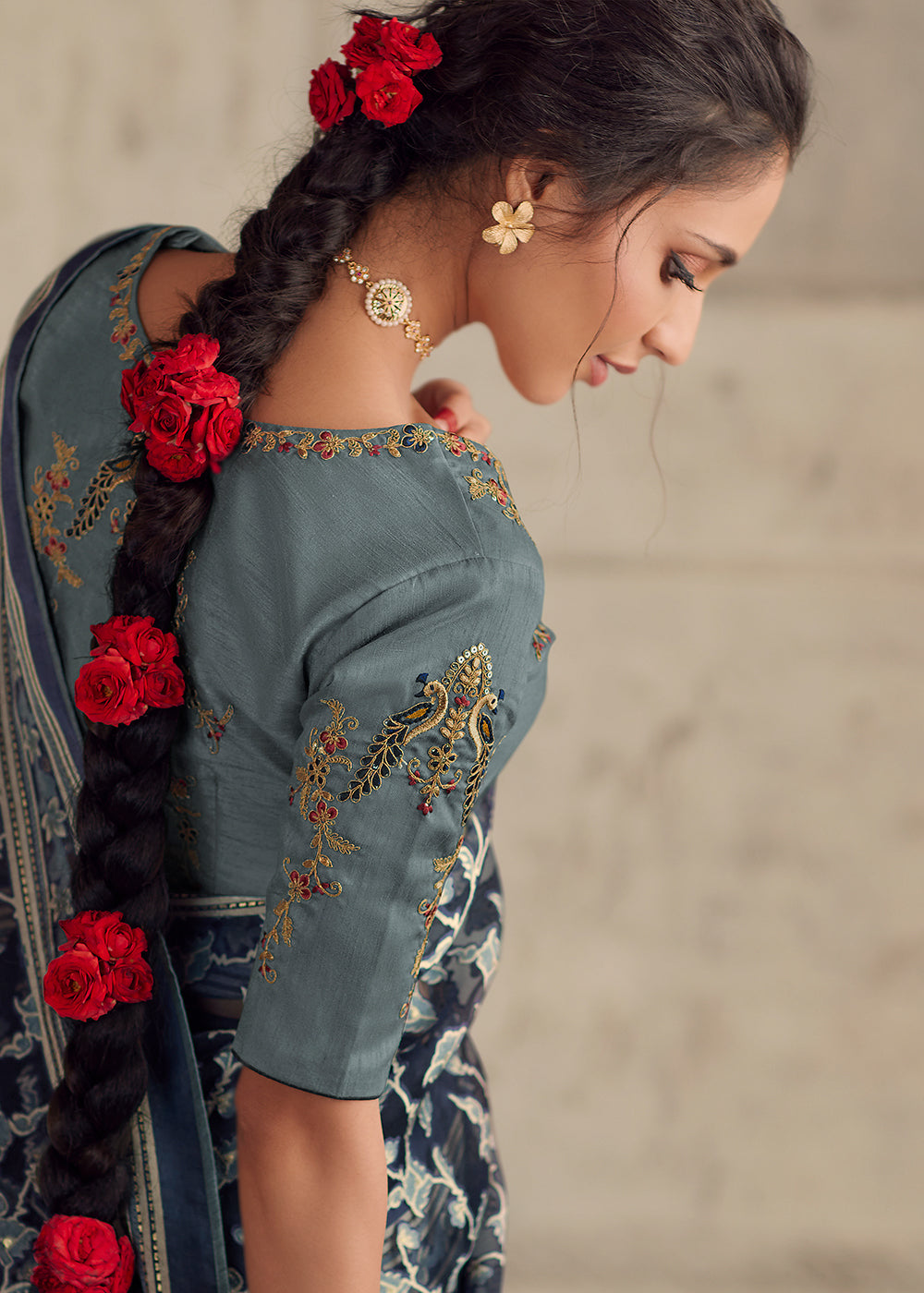 Dark Blue Floral Printed Organza Silk Saree - qivii