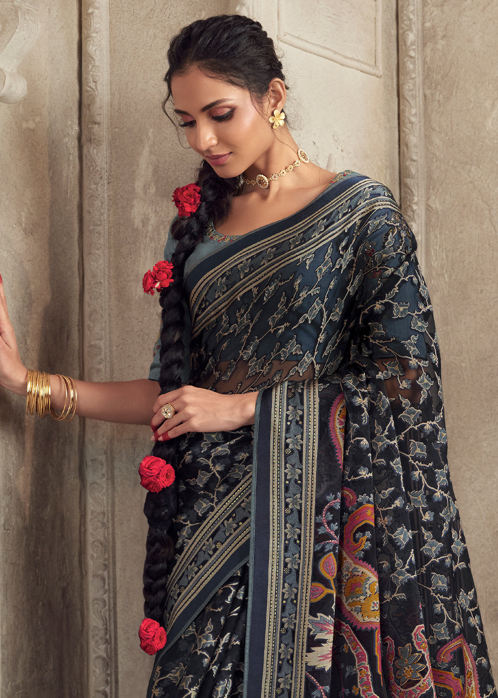 Dark Blue Floral Printed Organza Silk Saree - qivii