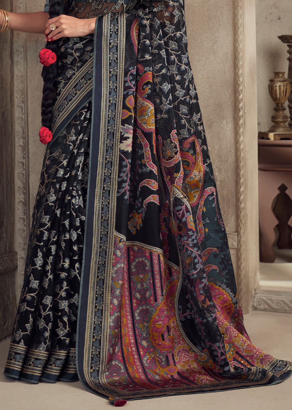 Dark Blue Floral Printed Organza Silk Saree - qivii