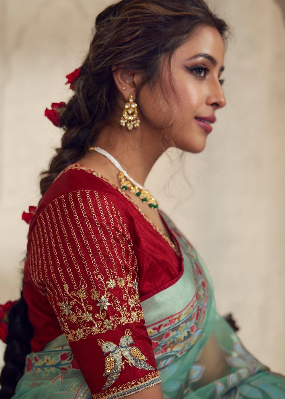 Cool Green Floral Printed Organza Silk Saree - qivii