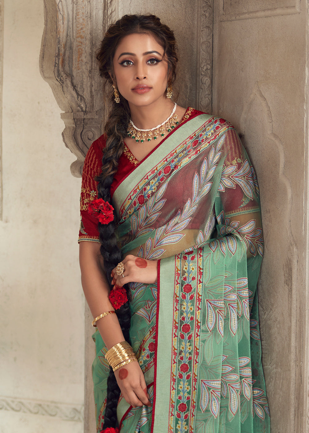 Cool Green Floral Printed Organza Silk Saree - qivii