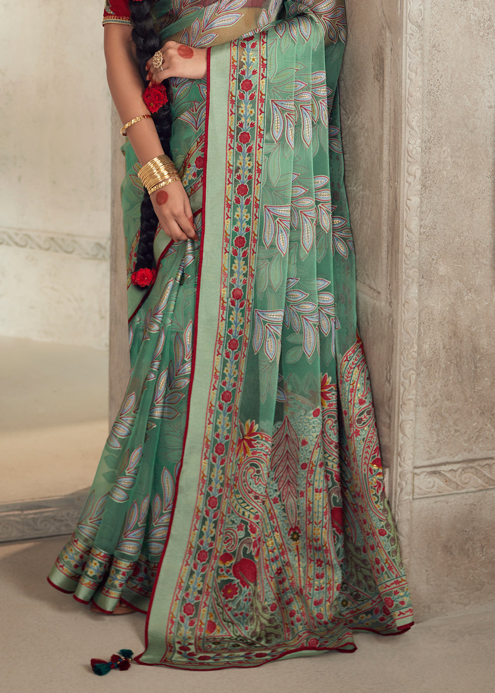 Cool Green Floral Printed Organza Silk Saree - qivii
