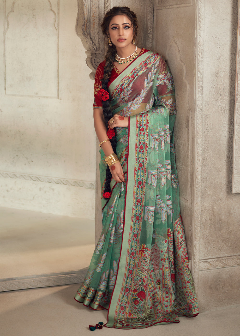 Cool Green Floral Printed Organza Silk Saree - qivii