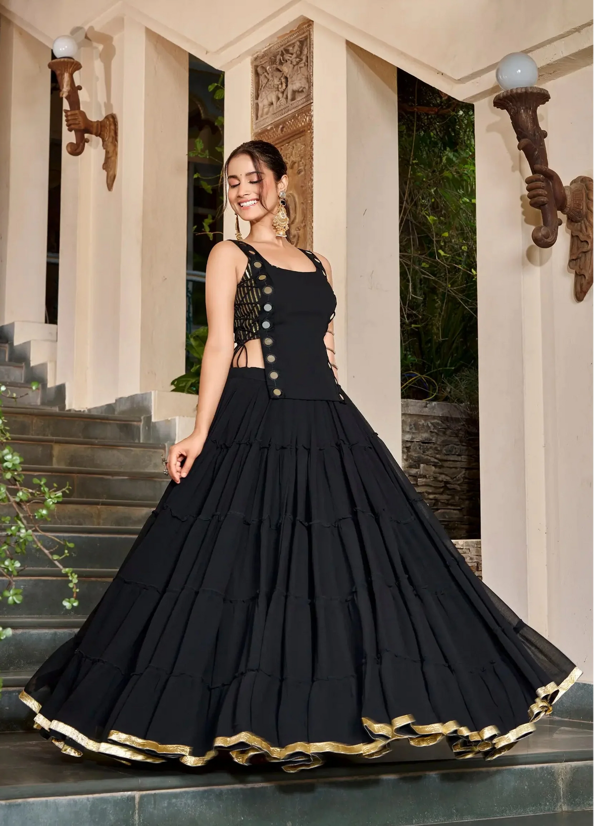 14 Meter Flair | Black Lightweight Navratri Lehenga With Mirror Work Koti