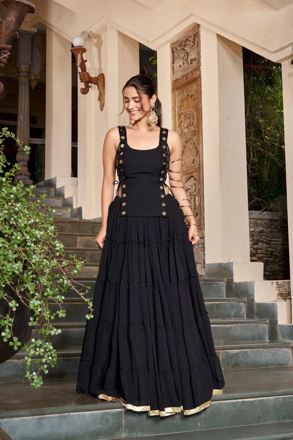 14 Meter Flair | Black Lightweight Navratri Lehenga With Mirror Work Koti