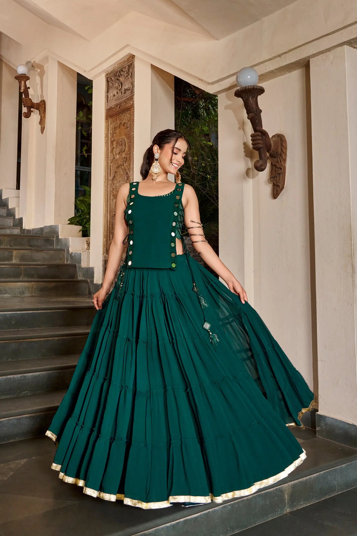 14 Meter Flair | Green Lightweight Navratri Lehenga With Mirror Work Koti