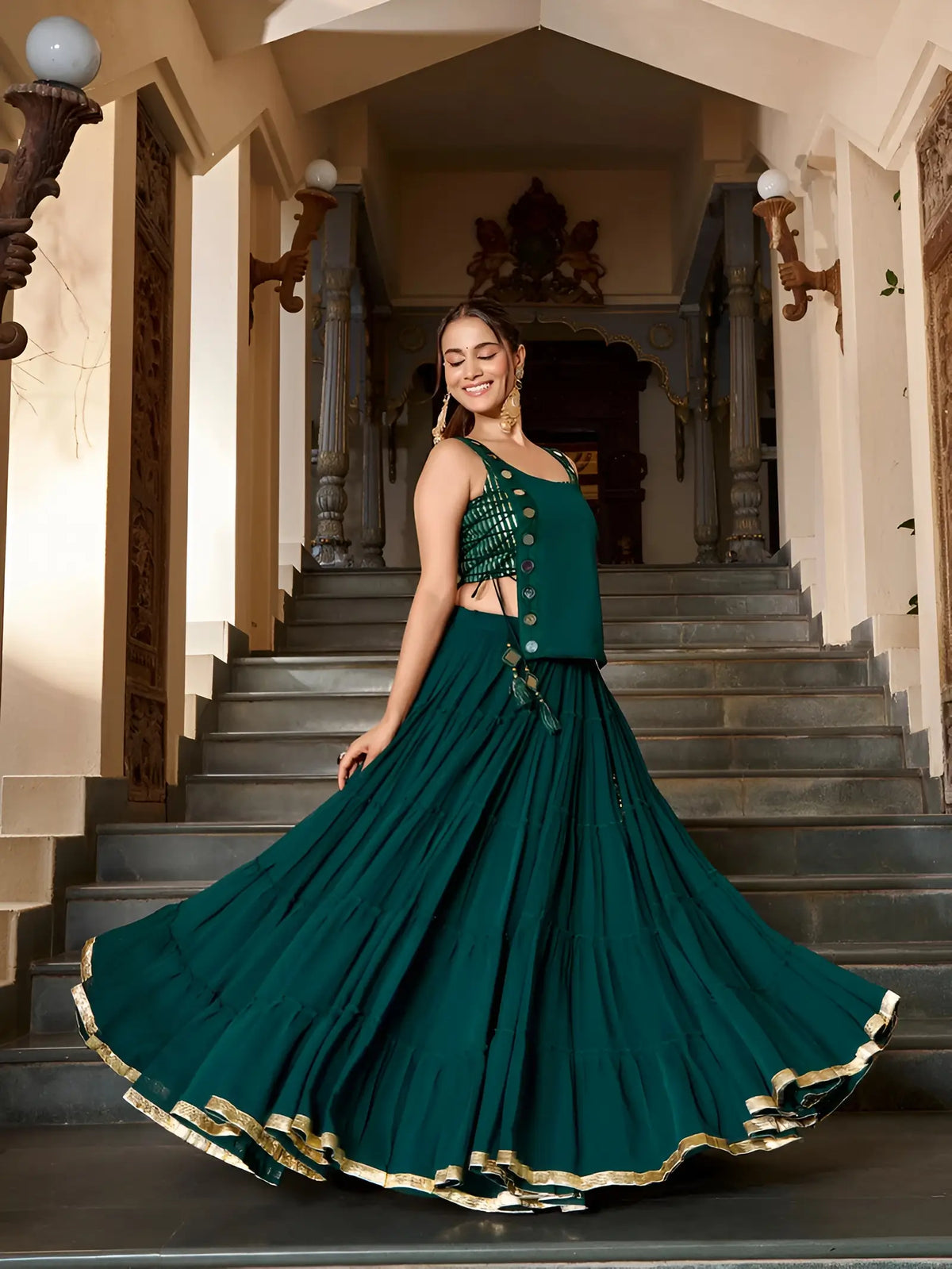 14 Meter Flair | Green Lightweight Navratri Lehenga With Mirror Work Koti