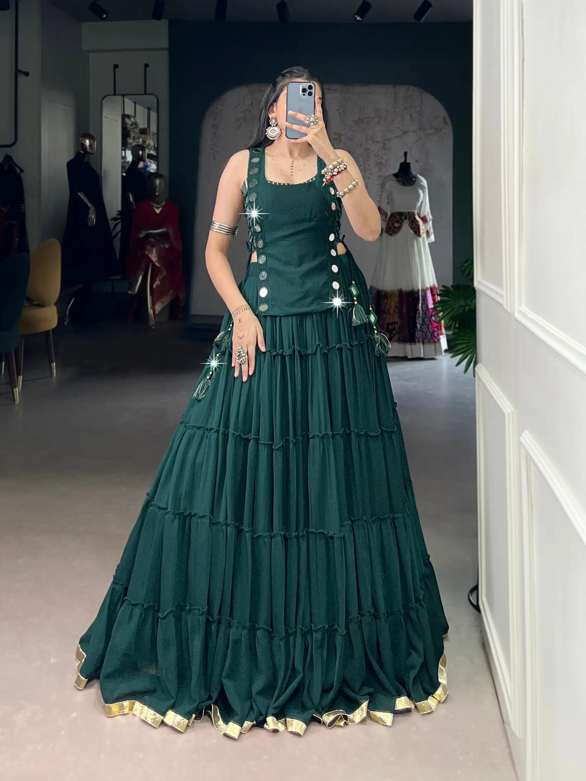 14 Meter Flair | Green Lightweight Navratri Lehenga With Mirror Work Koti